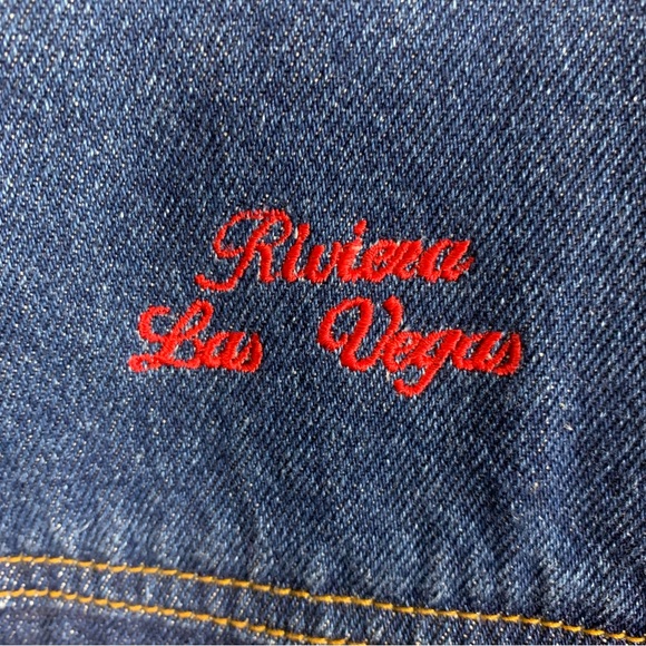 Vintage 90s Y2K Denim Jacket Riviera Hotel Las Vegas Men L Trucker Jean Blue EUC - Picture 4 of 15